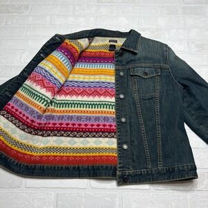 Vintage Gap Jean Jacket Womens Large Blue Lambswool Lined Fair Isle Striped Y2K